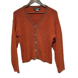 Ani Barrie Cardigan Womens M Orange Artsy Art to Wear Linen Blend Button Sweater